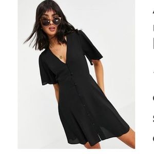 ASOS DESIGN button through tie back mini tea dress with angel sleeve in black